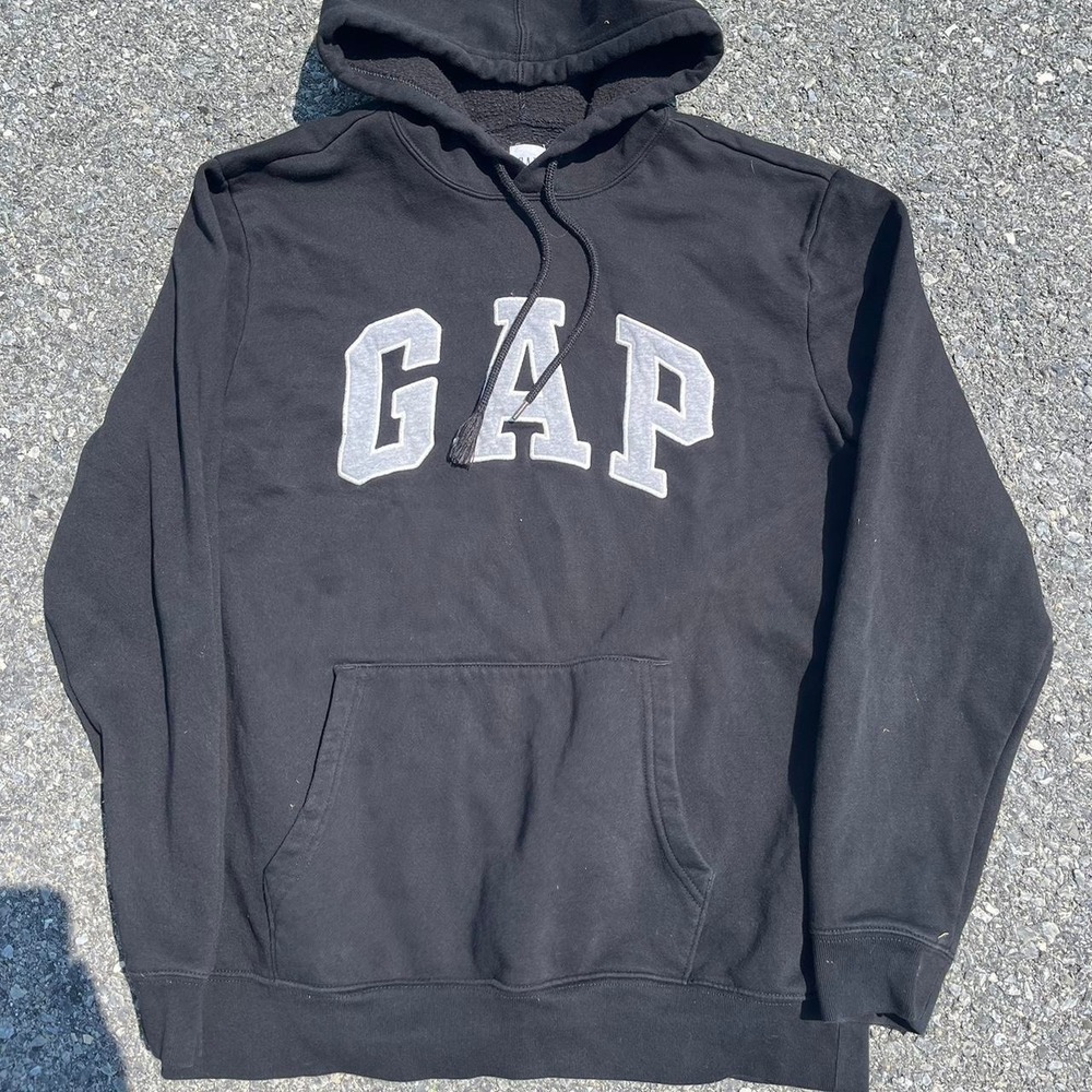 Vintage 90s GAP Arch Logo Hoodie Triple Black Embroidered Spell Out Size M